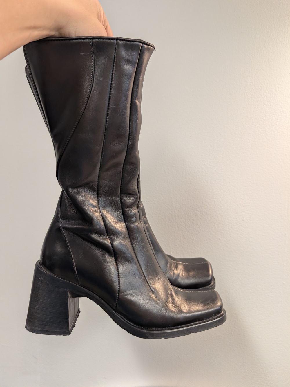 Women's Black Leather Mid-Calf Block Heel Boots Vintage Y2k